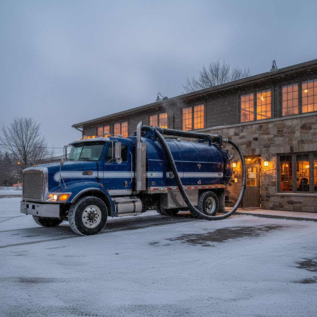 Service truck outside a Southern Ontario restaurant for overnight grease trap pumping, hose connected and winter conditions