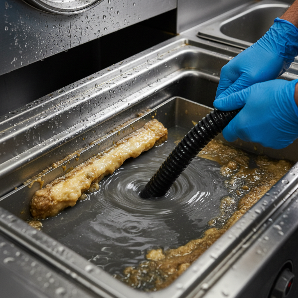Close-up of a commercial grease trap interior during pumping, showing FOG layers and baffles for grease trap maintenance and cleaning