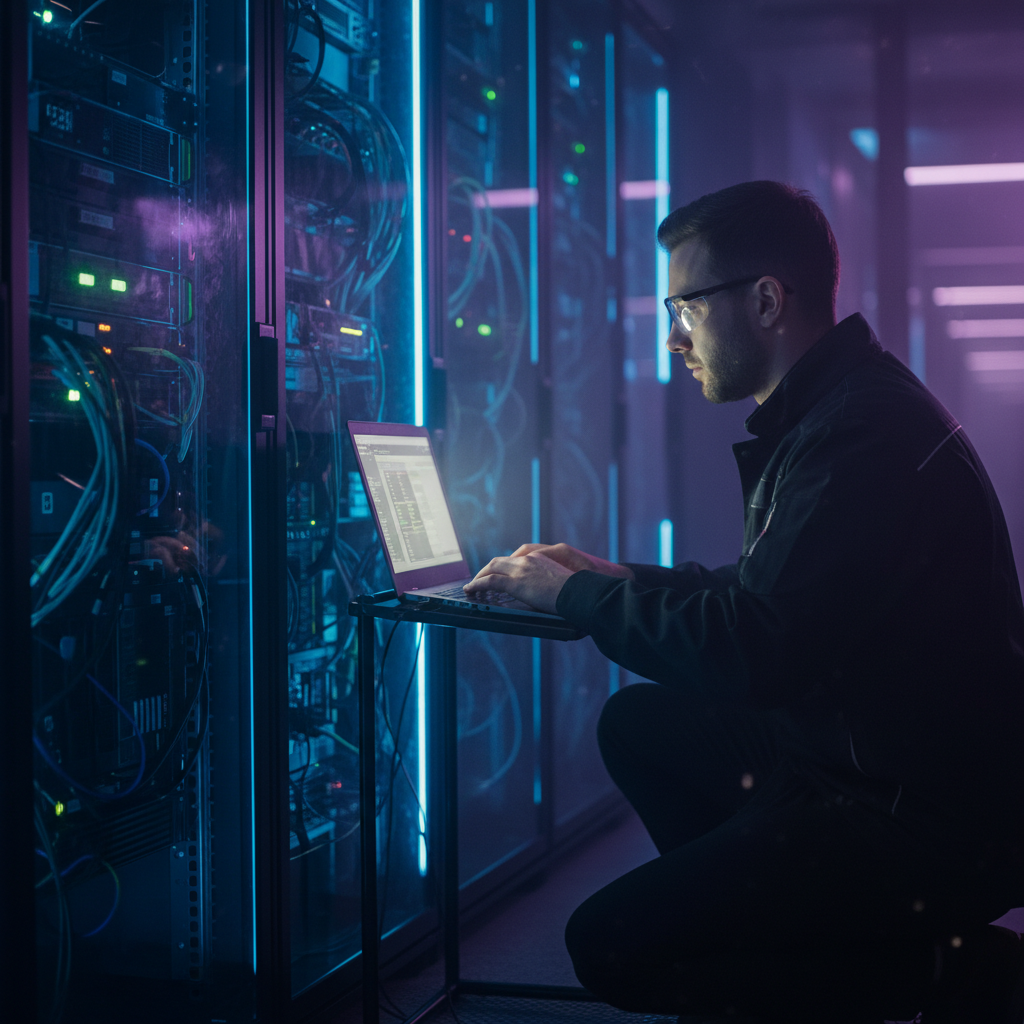 DevOps engineer configuring cloud-native infrastructure for scalable custom web applications in a server room