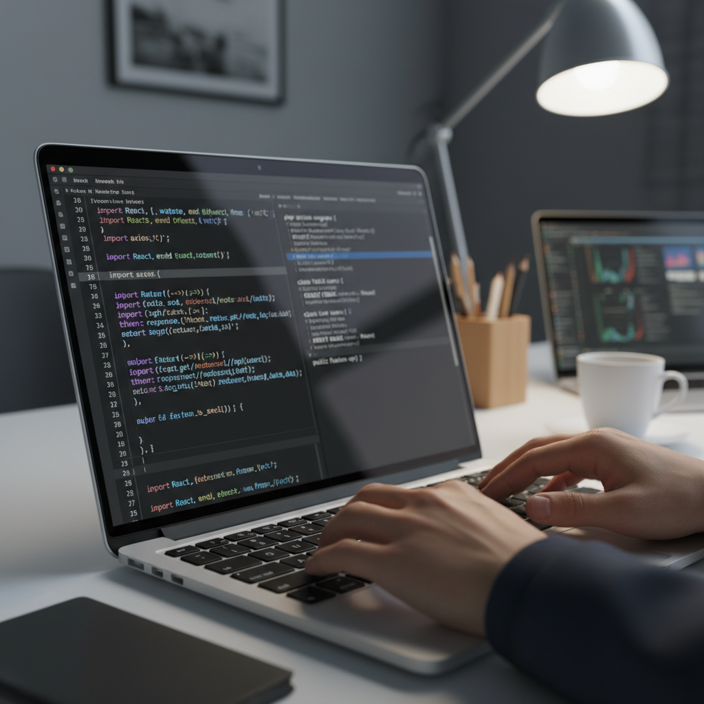 custom web app developer coding React frontend with Laravel API in professional code editor, clear syntax highlighting