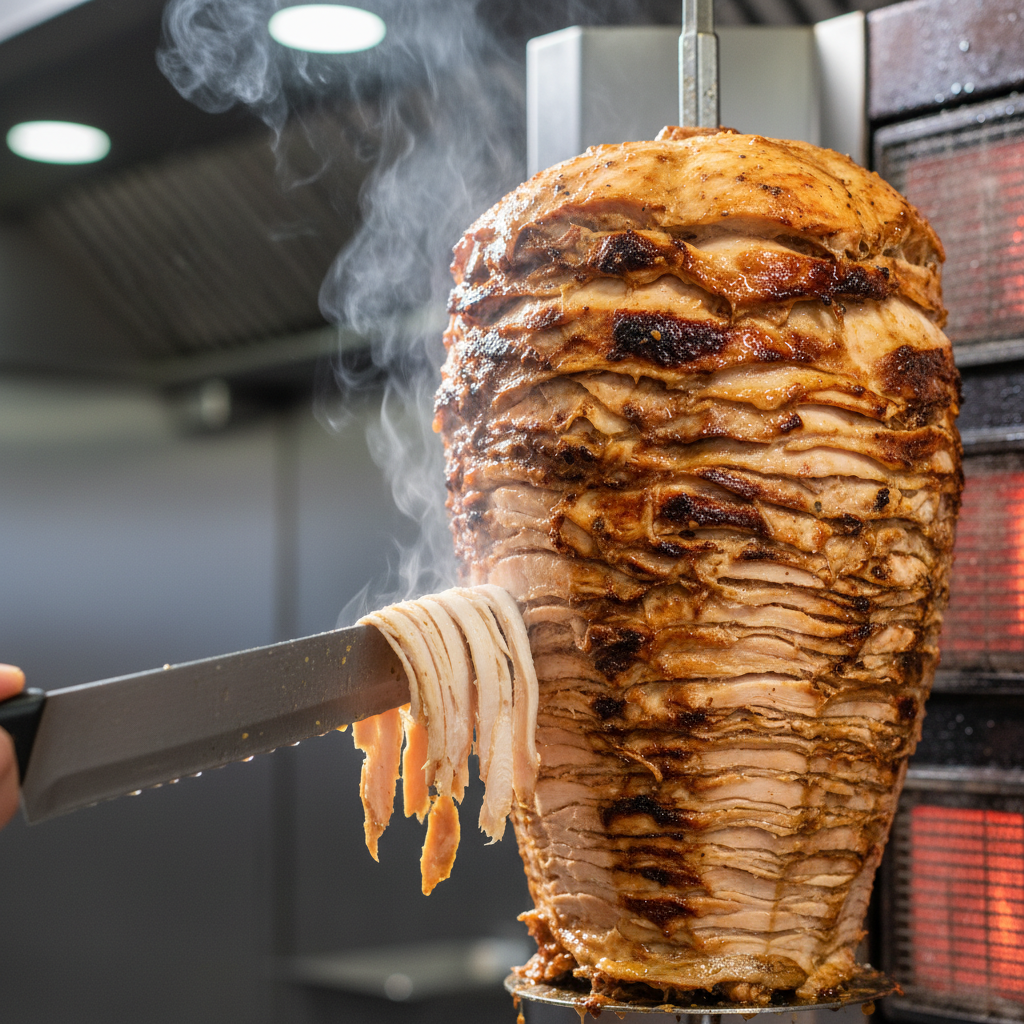 close-up of chicken shawarma sliced from vertical spit for Mediterranean takeout near me in Toronto