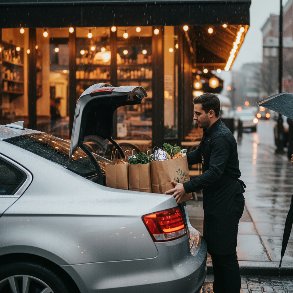 curbside pickup scene with Mediterranean takeout bags being loaded for quick pickup in Toronto