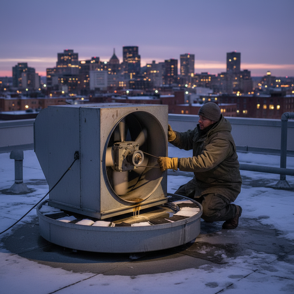 Technician adjusting an exhaust fan belt and grease containment on a winter rooftop in Ontario