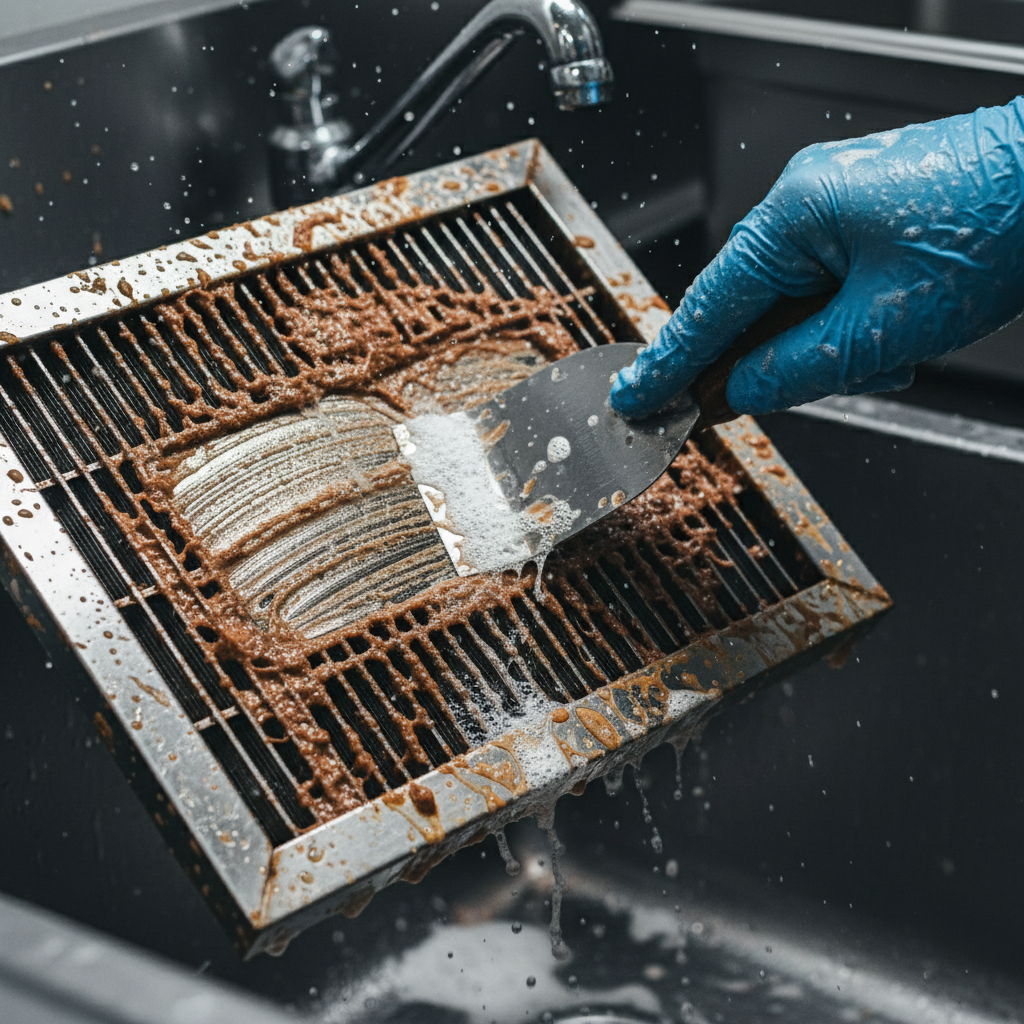 Close-up of baffle filter cleaning for NFPA 96 compliance in an Ontario restaurant kitchen