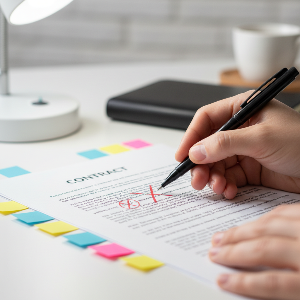 Close-up redlining of an agreement showing contract drafting best practices with precise markups