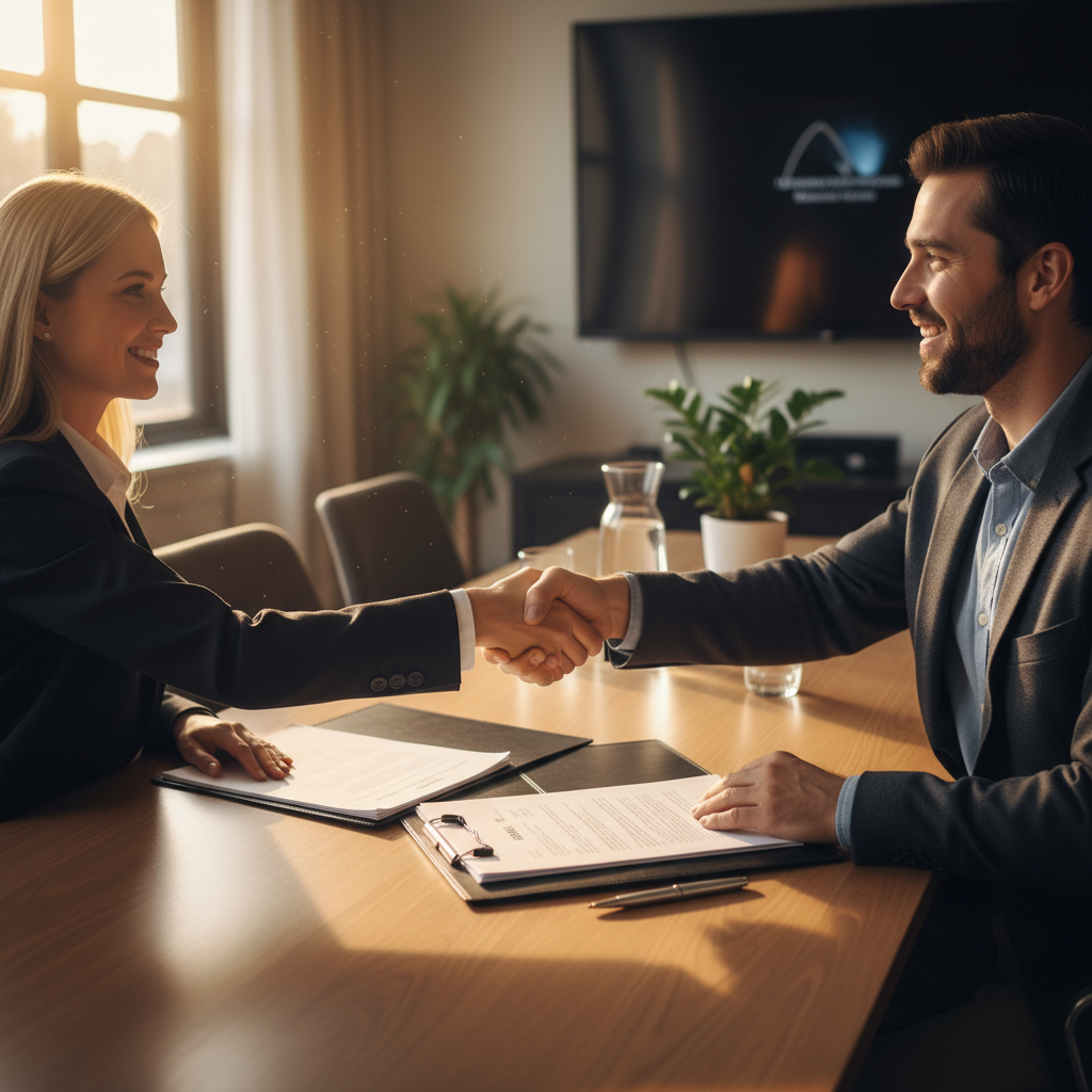 Attorney and client completing contract signing in a Toronto boardroom with handshake