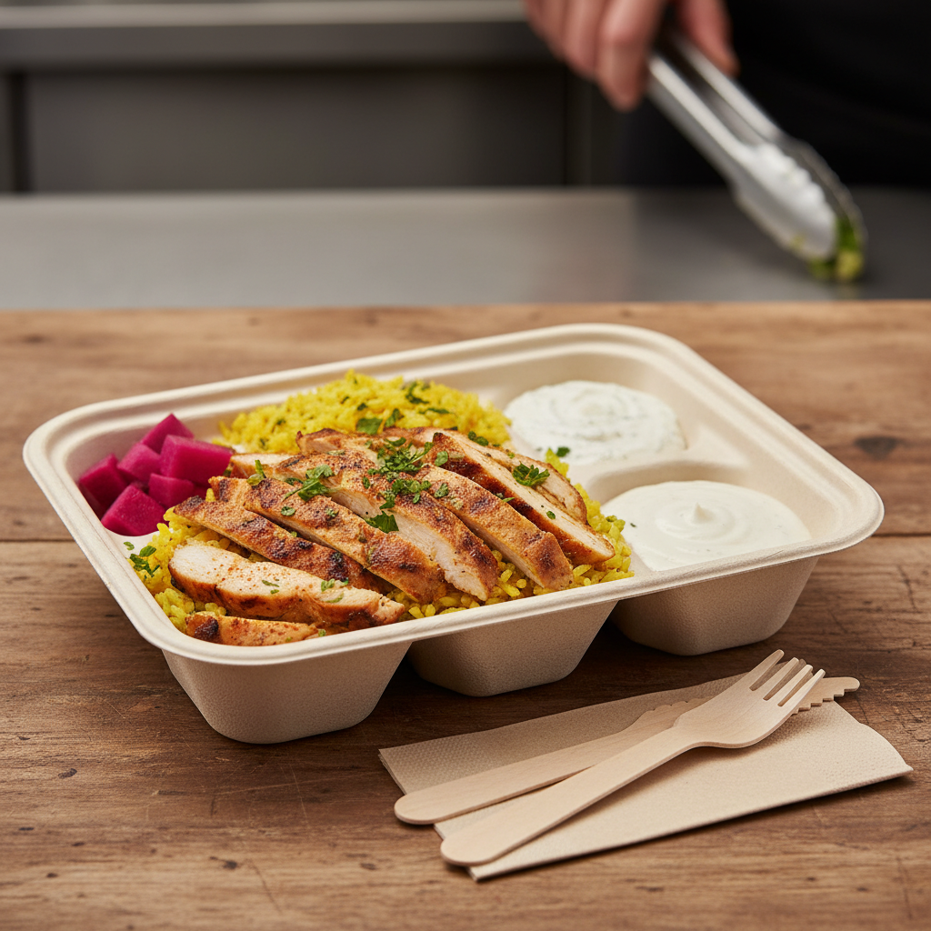 Individually packaged catering Toronto with a close-up shawarma bowl, turmeric rice, pickled turnips, garlic sauce, and tahini in eco container