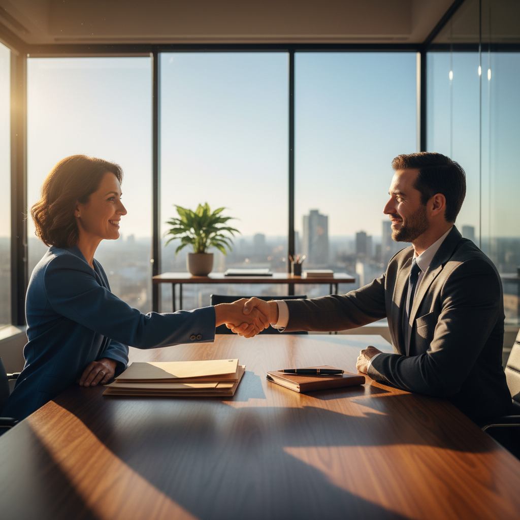 lawyer and client handshake in a modern office after reviewing a contract, representing successful negotiation and clear terms