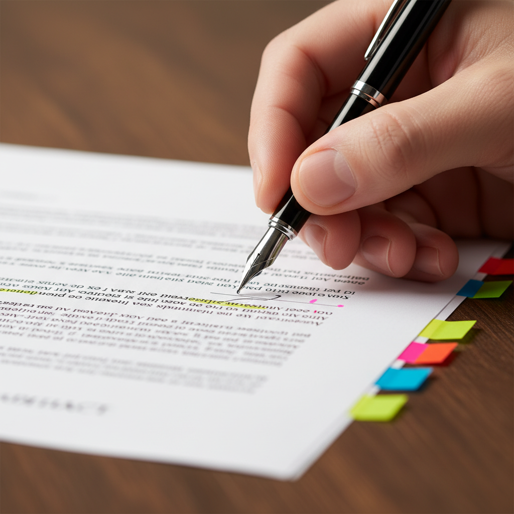 close-up of a pen poised over a contract draft with tabs, illustrating contract drafting best practices and review workflow