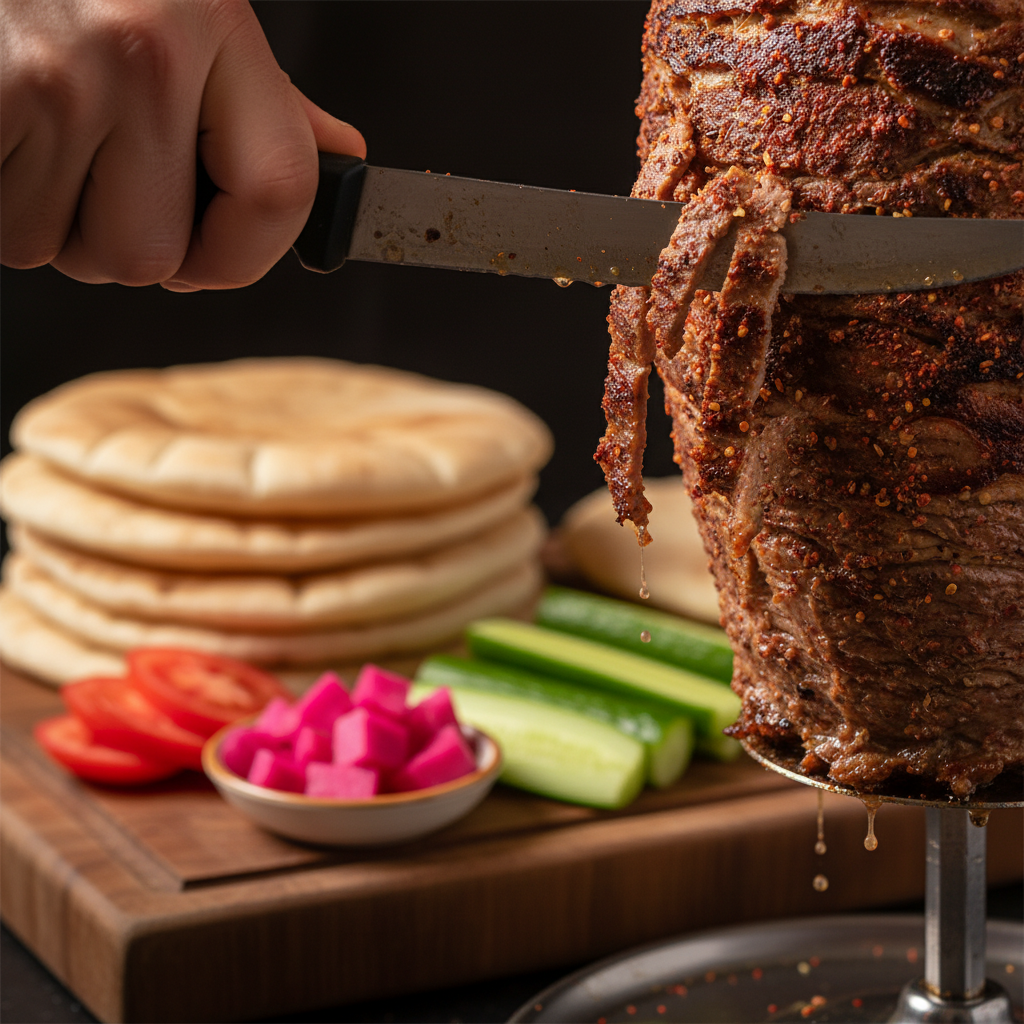 Close-up of authentic Turkish shawarma shaved from rotisserie with spices, ideal for Turkish food catering services in Toronto