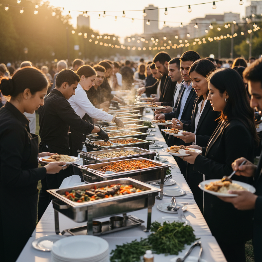 Outdoor Turkish catering buffet scene at golden hour with guests being served, ideal for corporate and community events