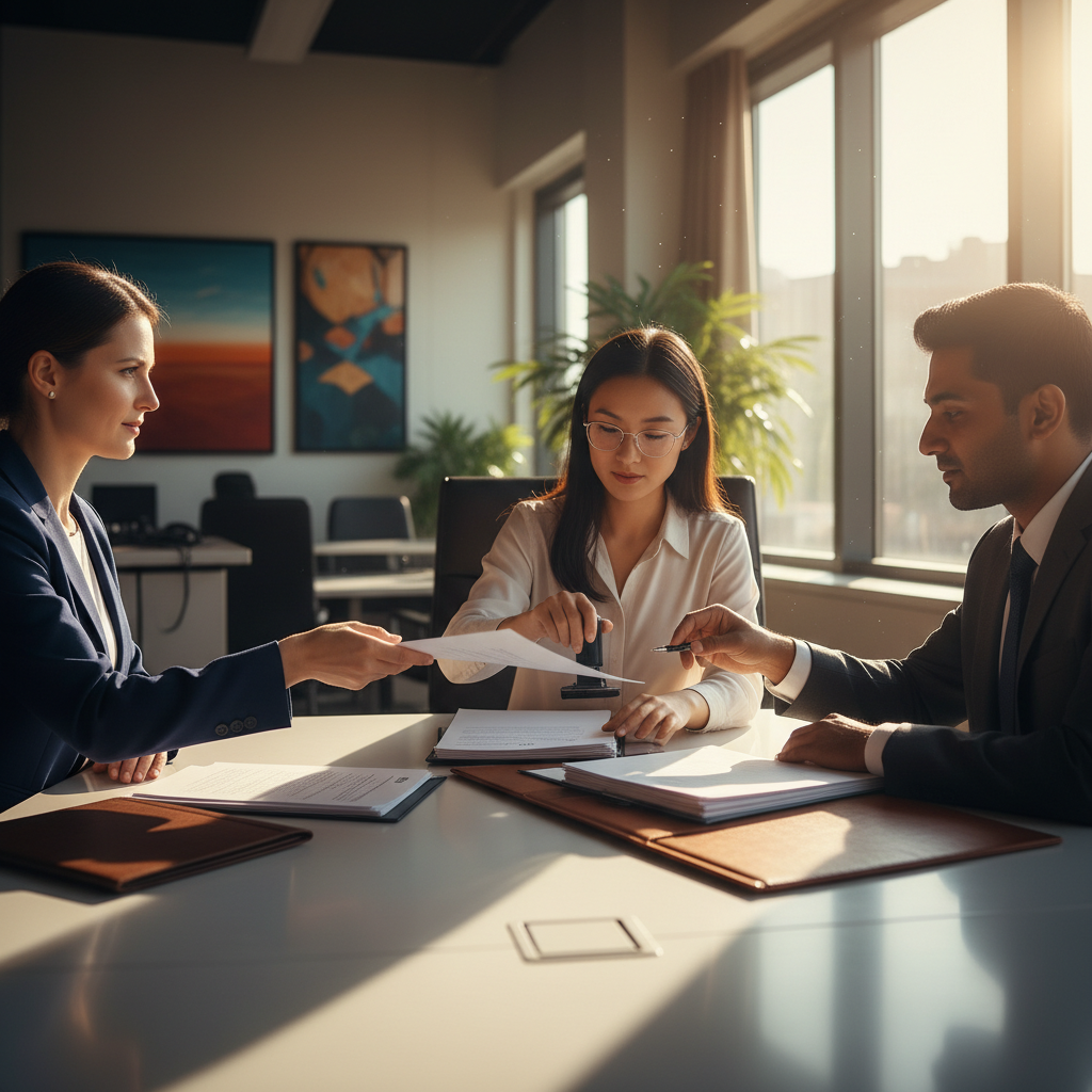 Lawyer and clients signing and stamping a contract in a bright Toronto office, demonstrating proper Ontario execution formalities