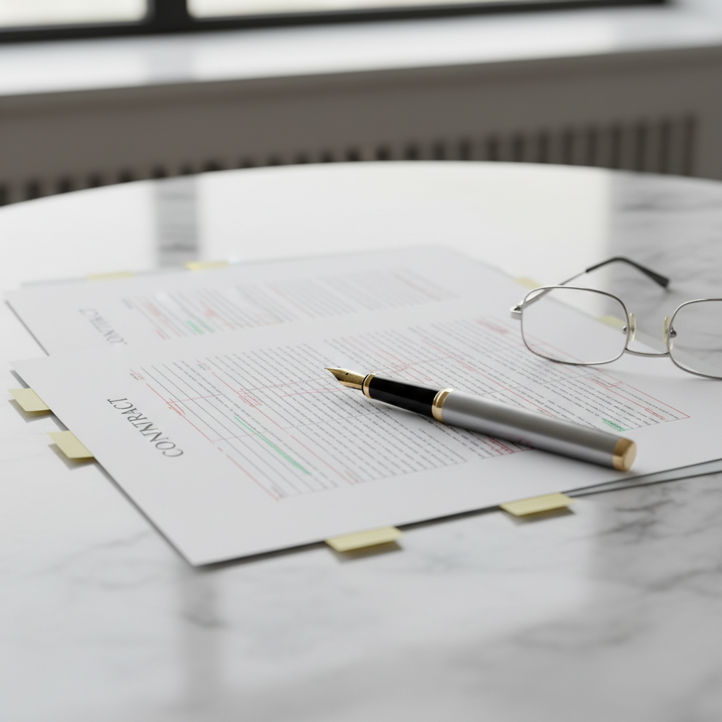 Close-up of contract redlining with tracked changes and precise annotations showing contract drafting best practices in Toronto