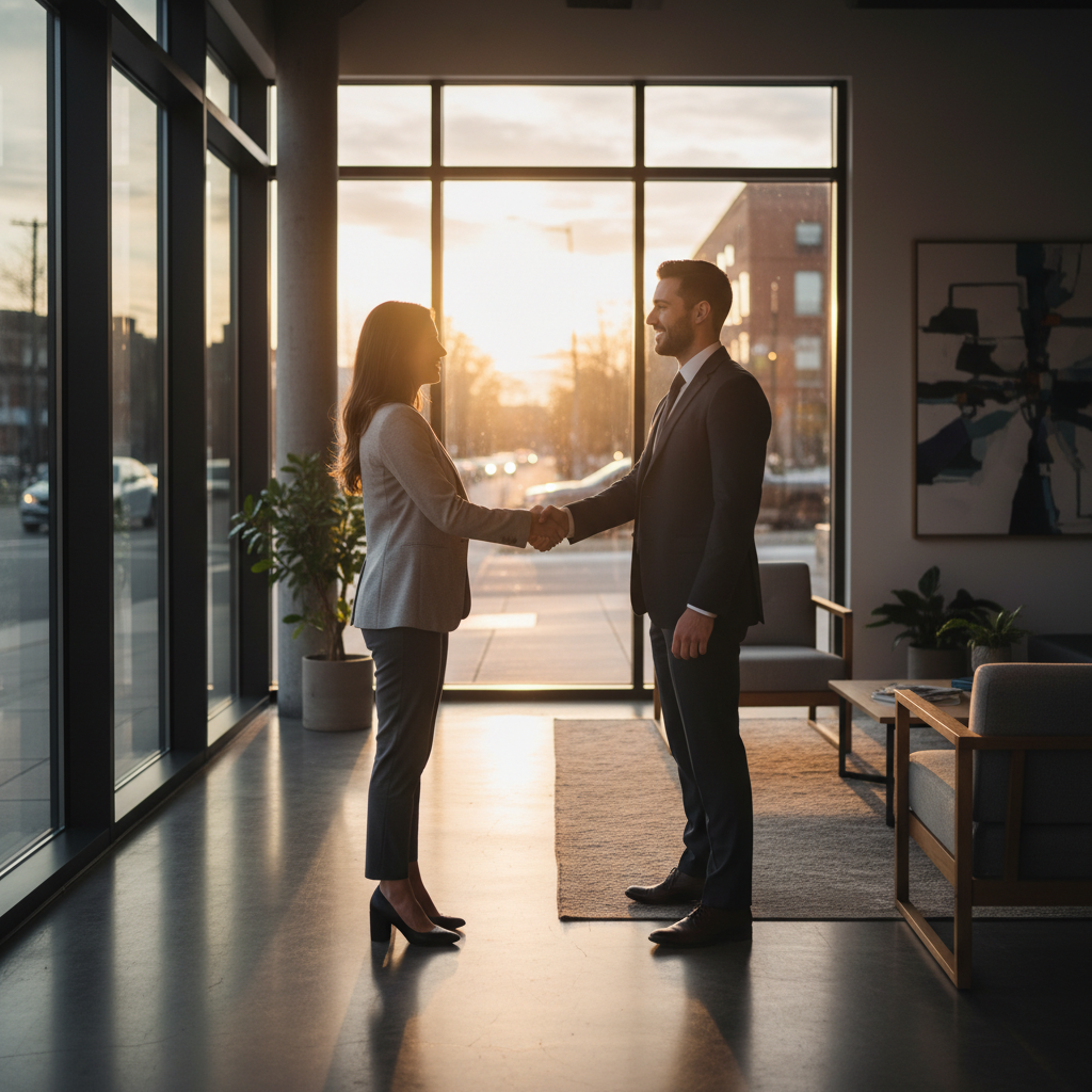 Toronto handshake between lawyer and entrepreneur after successful negotiation reflecting contract drafting best practices applied
