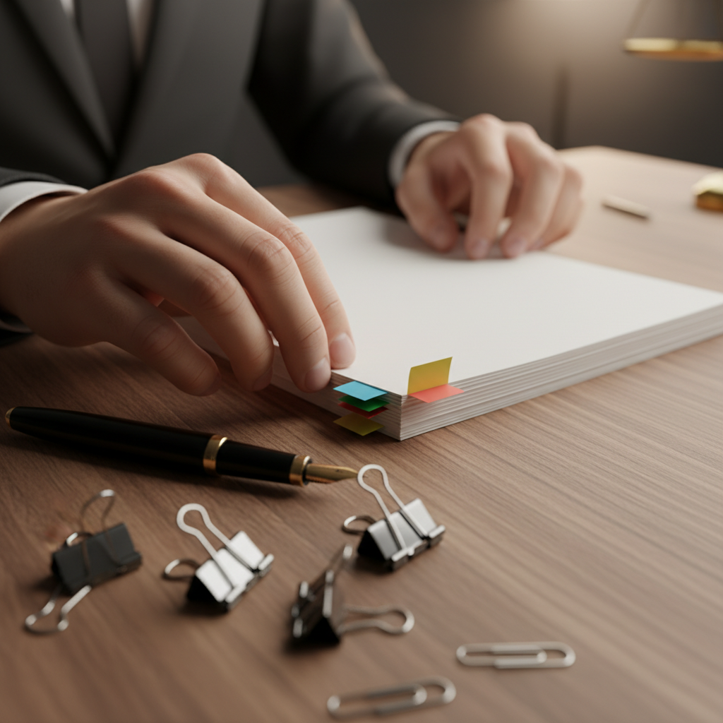 Organized contract drafting workspace with tabs and pen illustrating contract drafting best practices for clarity and clause organization