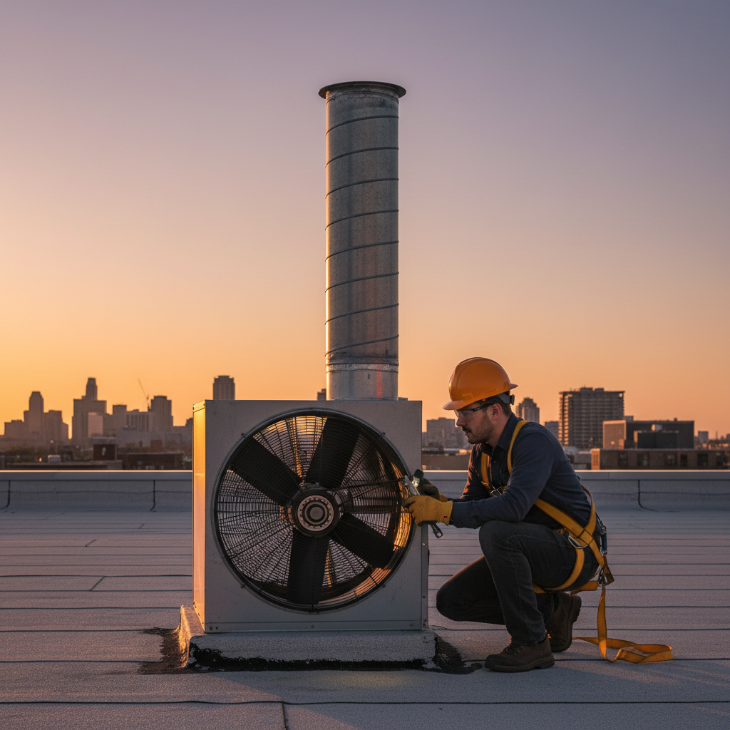 Rooftop exhaust fan and vertical ductwork during exhaust system cleaning and belt inspection to optimize kitchen ventilation
