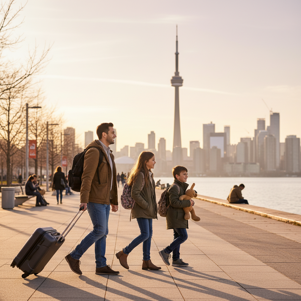 Newcomer family by Toronto waterfront after completing the permanent residency application process