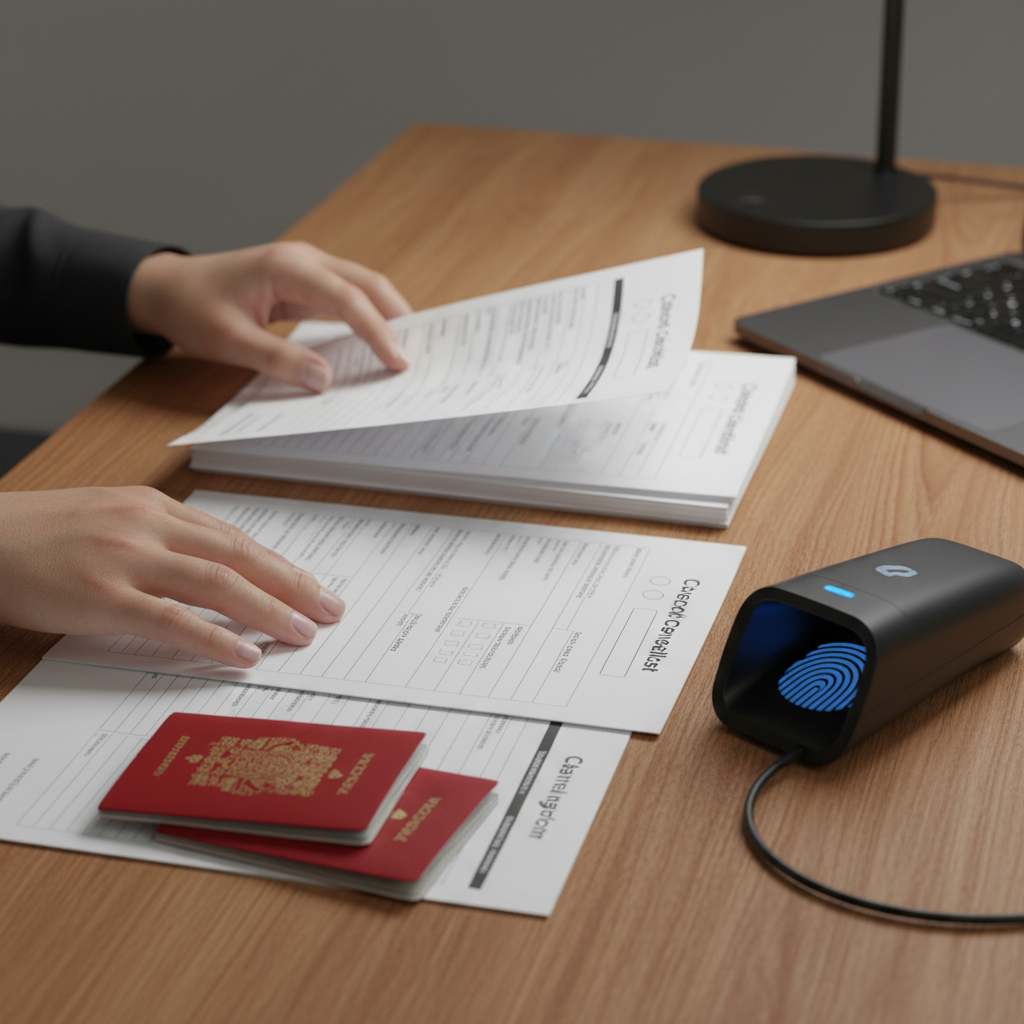 Close-up of organized Canadian immigration documents and biometrics device for the permanent residency application process