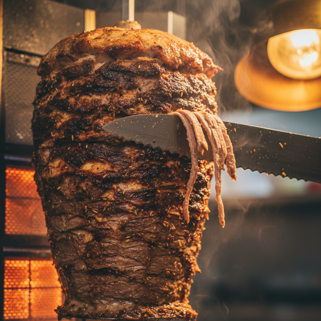 close-up of shawarma spit being carved, showcasing authentic Turkish shawarma for event catering
