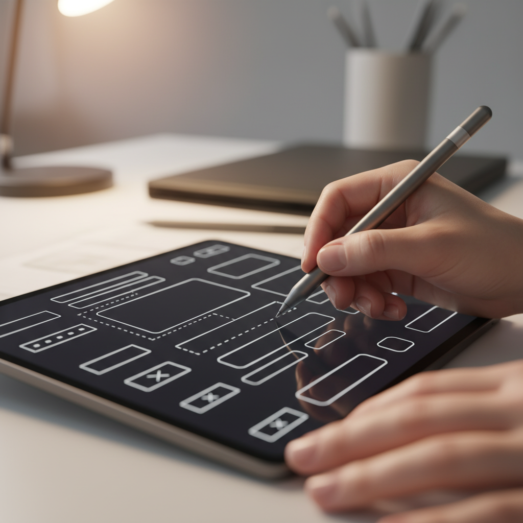 Close-up wireframing for a bespoke web application UI prototype, stylus on tablet, American English alt text with the phrase bespoke web application