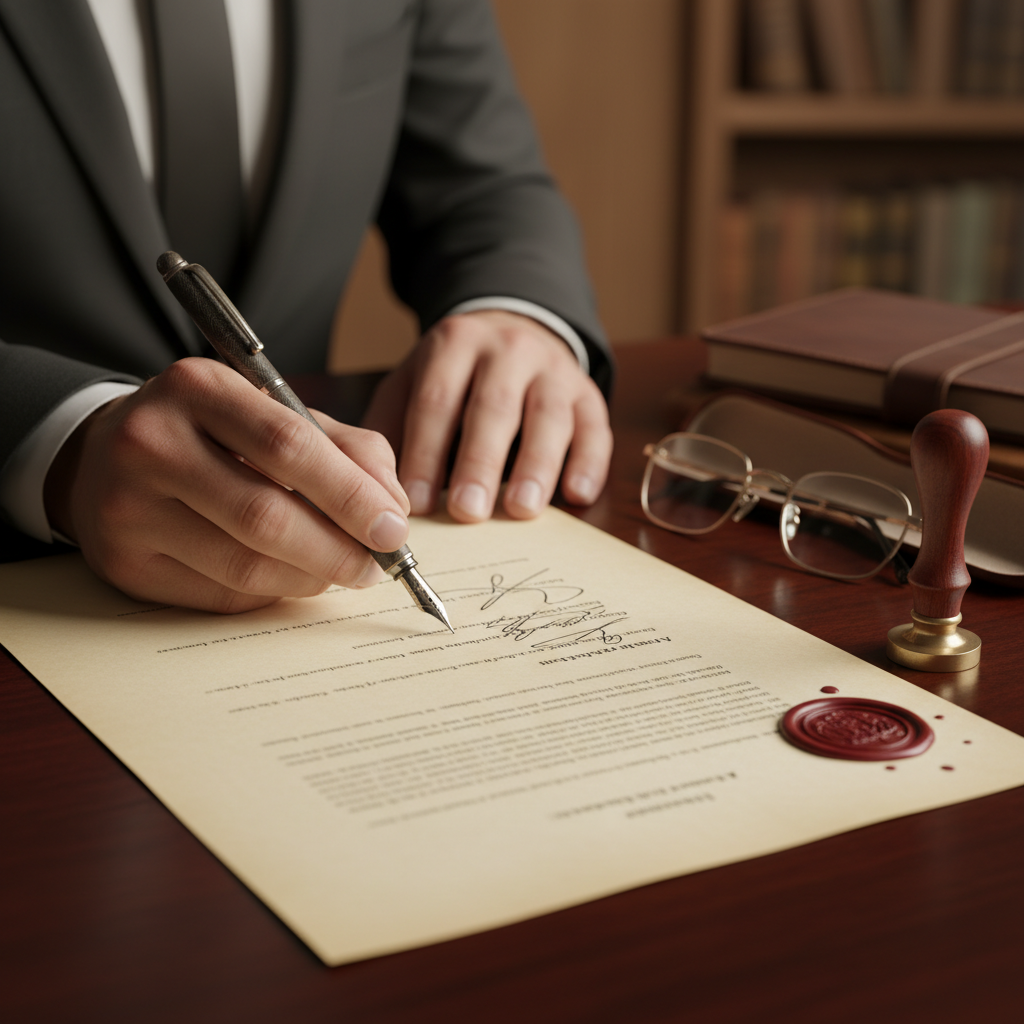 Close-up of signing a will in Ontario with a fountain pen, part of a will preparation guide for Ontario families