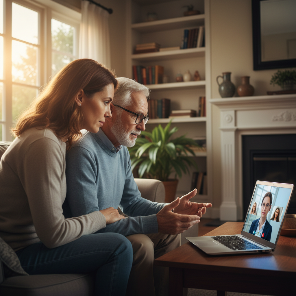 Adult child and senior parent on a video call with a Toronto wills lawyer, reviewing Ontario will preparation steps