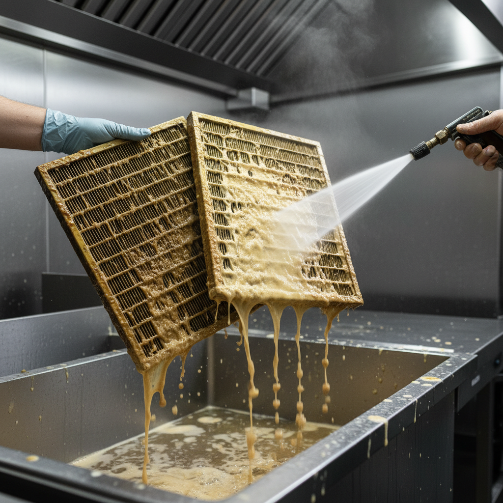Close-up baffle filter cleaning with hot water and degreaser for NFPA 96 hood maintenance