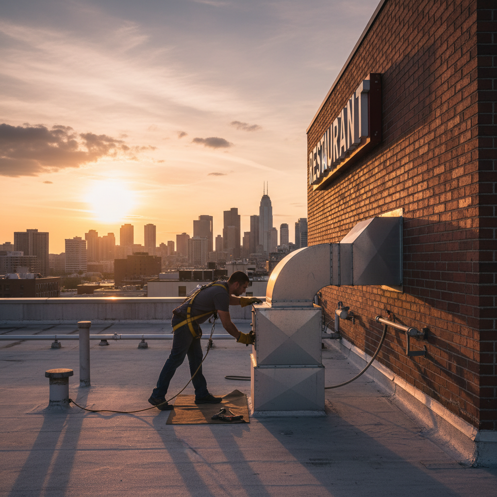 Technician inspecting a rooftop exhaust fan and ductwork at sunset in Ontario
