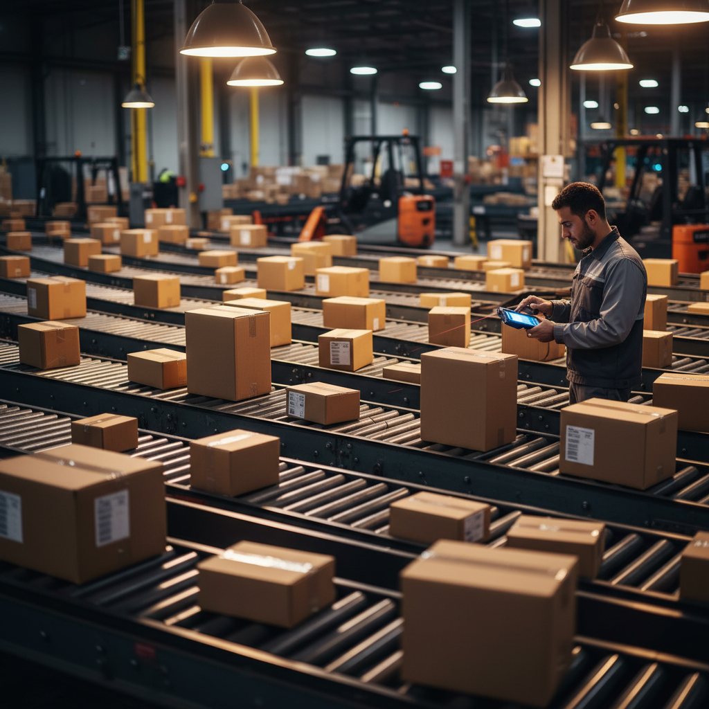 Warehouse fulfillment with conveyor belts and scanning devices supporting custom ecommerce operations and order management