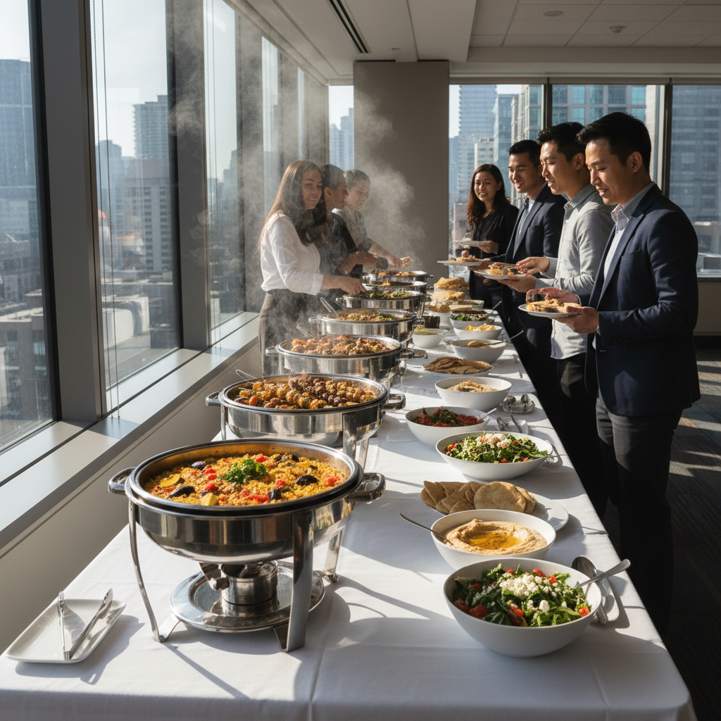 Corporate lunch buffet with Mediterranean dishes set up in a bright Toronto office