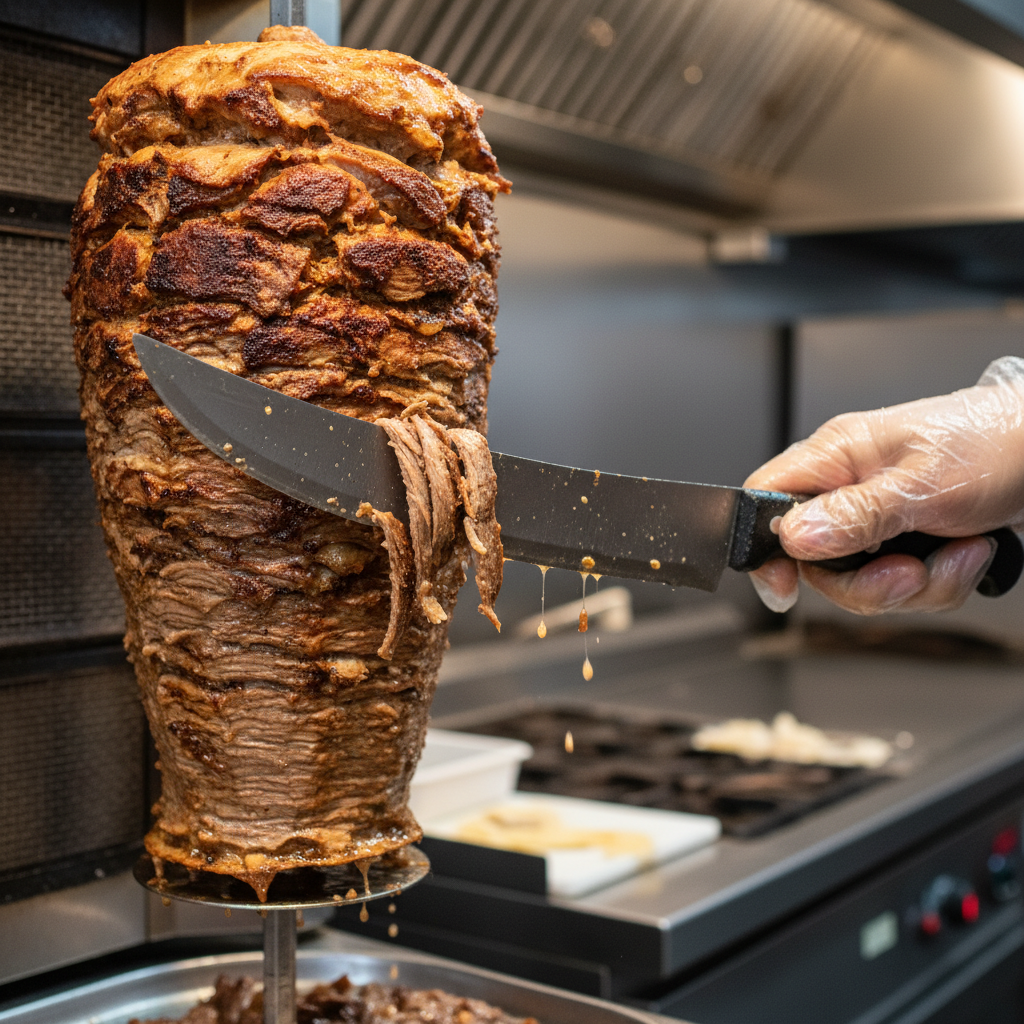 Close-up of shawarma being carved from rotisserie for Mediterranean catering in Toronto