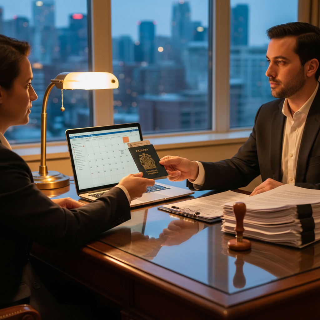 Client presenting ID to a notary in Toronto office, notary public services explained scene