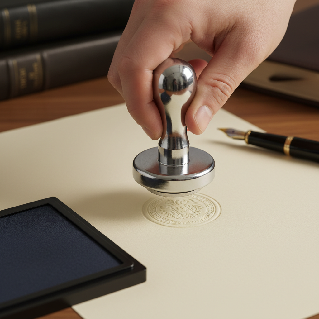 Close-up notary embosser sealing a document, notary public services explained detail shot