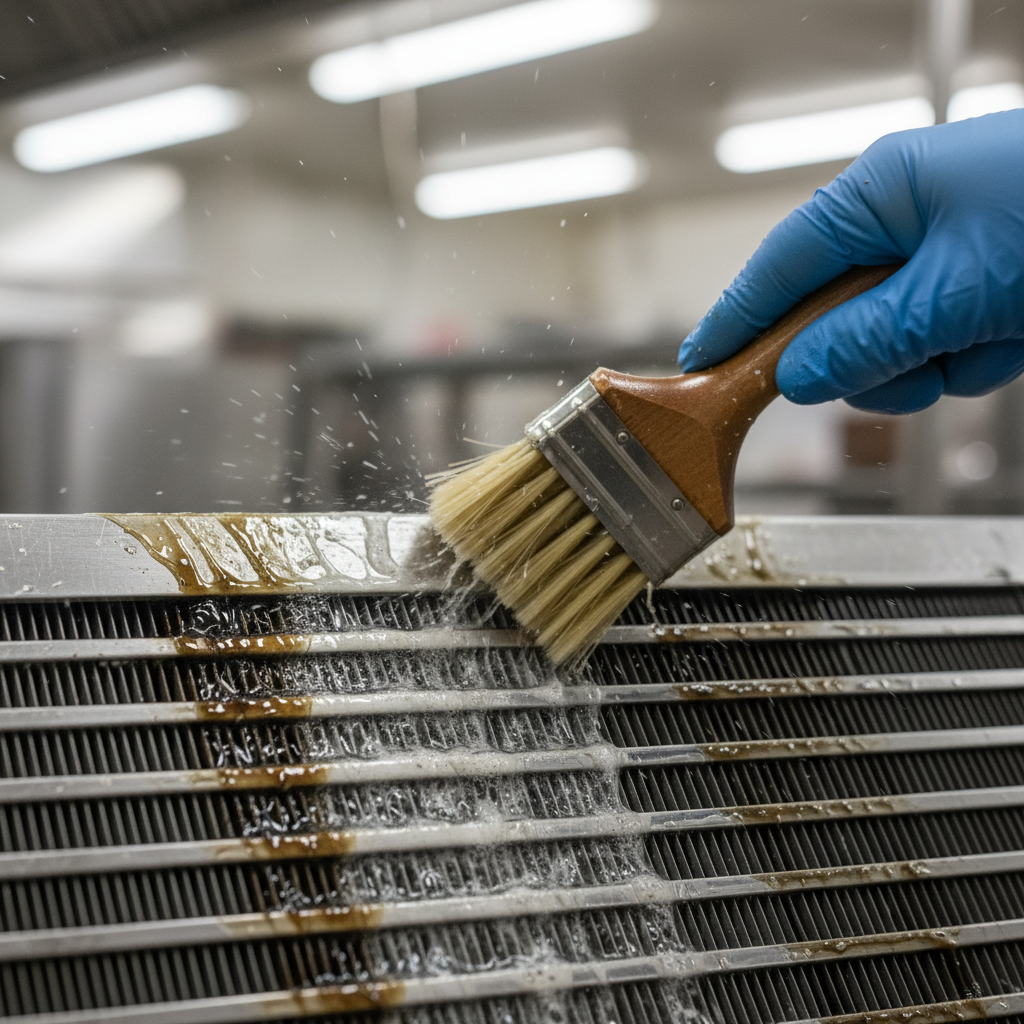Close-up of alkaline degreaser dissolving heavy grease on a stainless baffle filter, part of grease buildup removal techniques