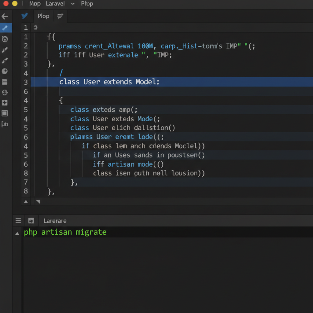 Close-up of Laravel code editor with accurate syntax for custom web software development, showing php artisan migrate command