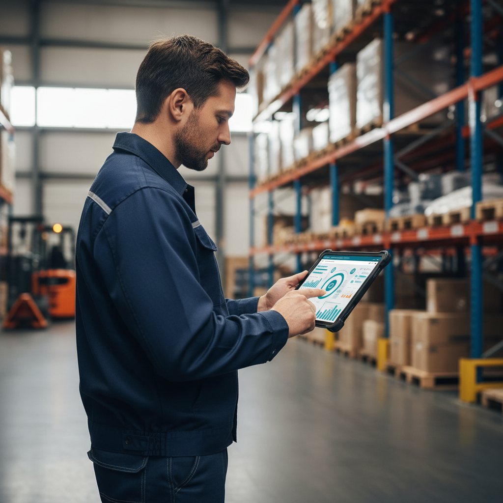 Warehouse manager using tablet with custom web software dashboard for inventory and logistics in Canada