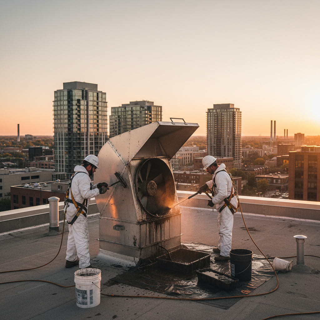 Technicians degreasing an upblast exhaust fan and roof curb on an Ontario rooftop