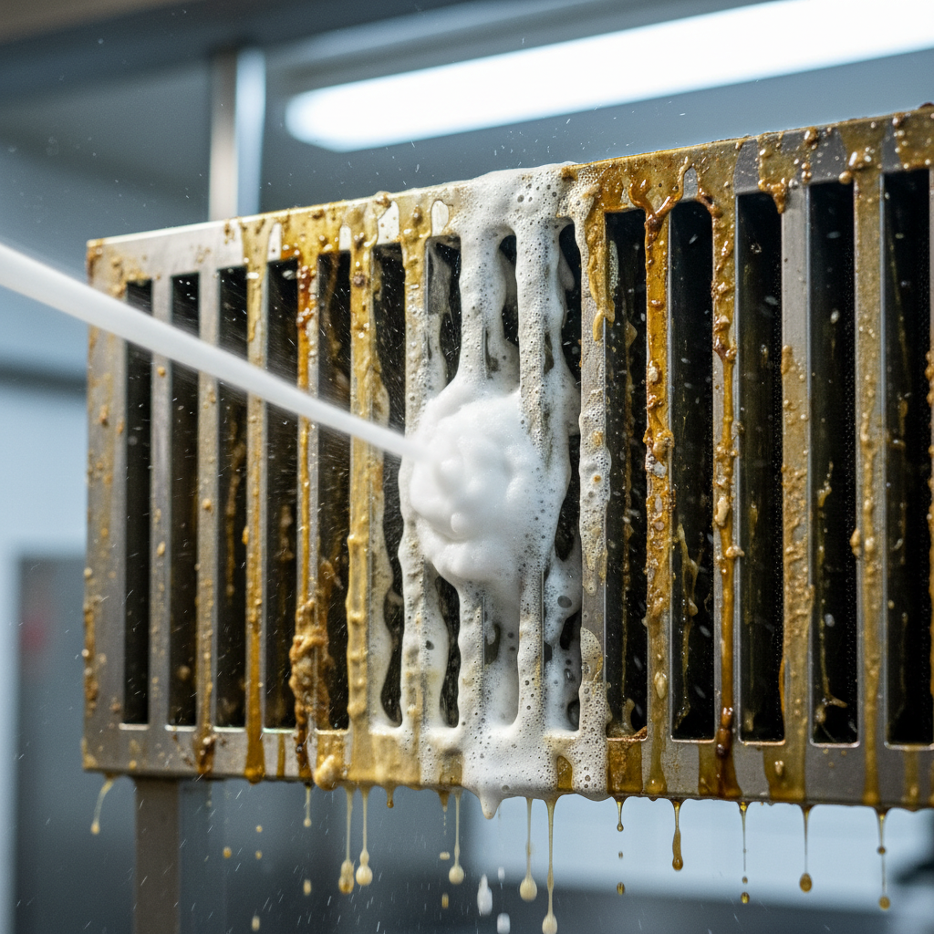 Close-up of stainless baffle filter degreasing with foaming cleaner during grease buildup removal