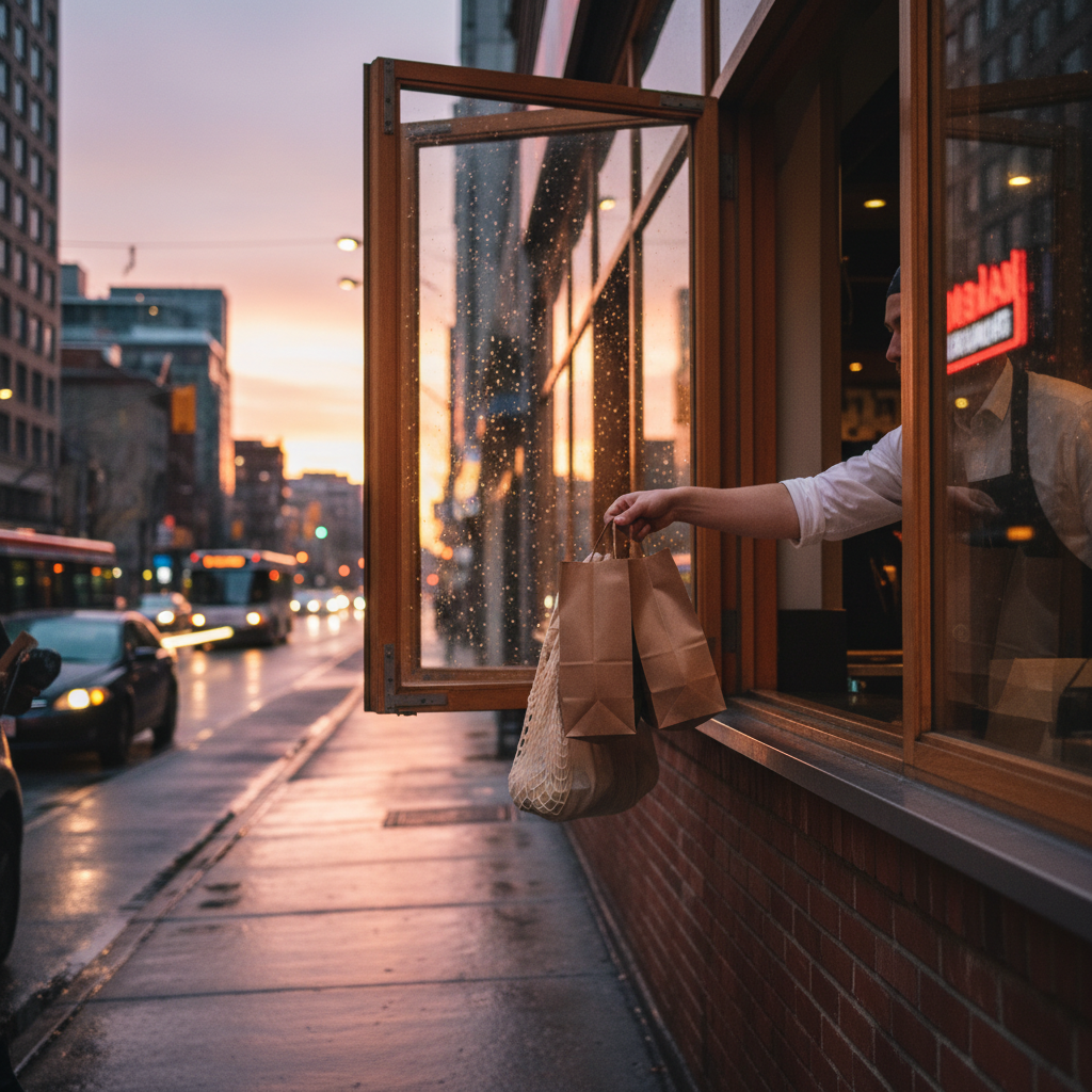 Curbside handoff of Mediterranean takeout bag for shawarma pickup in downtown Toronto at dusk