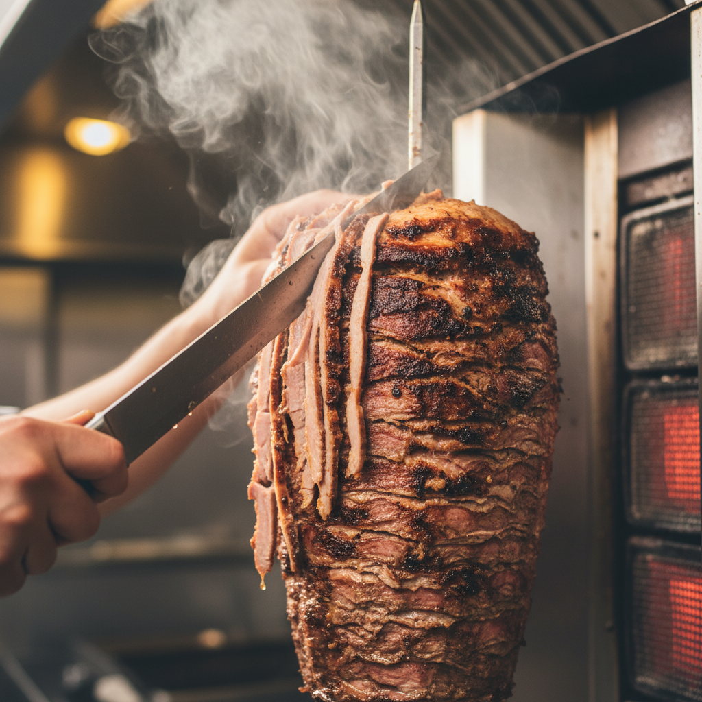 Close-up of seasoned shawarma on a vertical spit being carved for shawarma pickup Toronto orders