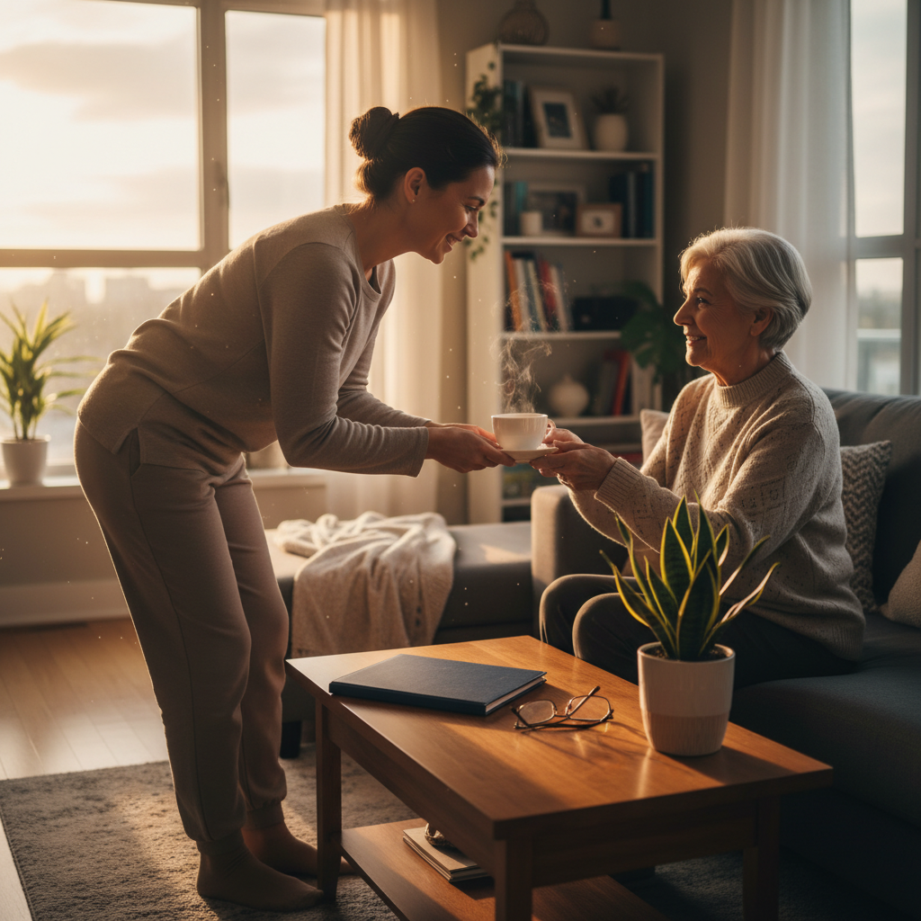 Caregiver offering tea to an elderly person in a Toronto condo – planning scene for personal care power of attorney