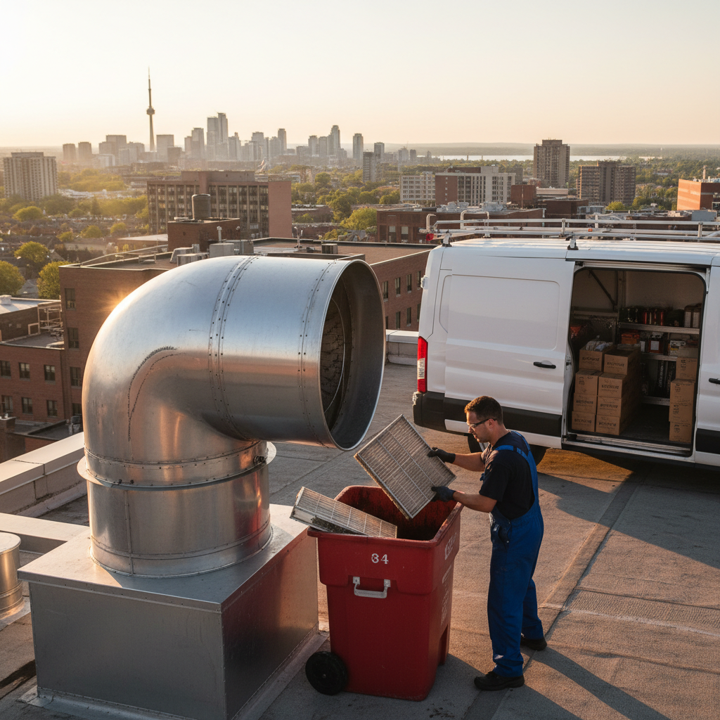 Rooftop upblast exhaust fan with service van during commercial kitchen exhaust maintenance in Ontario