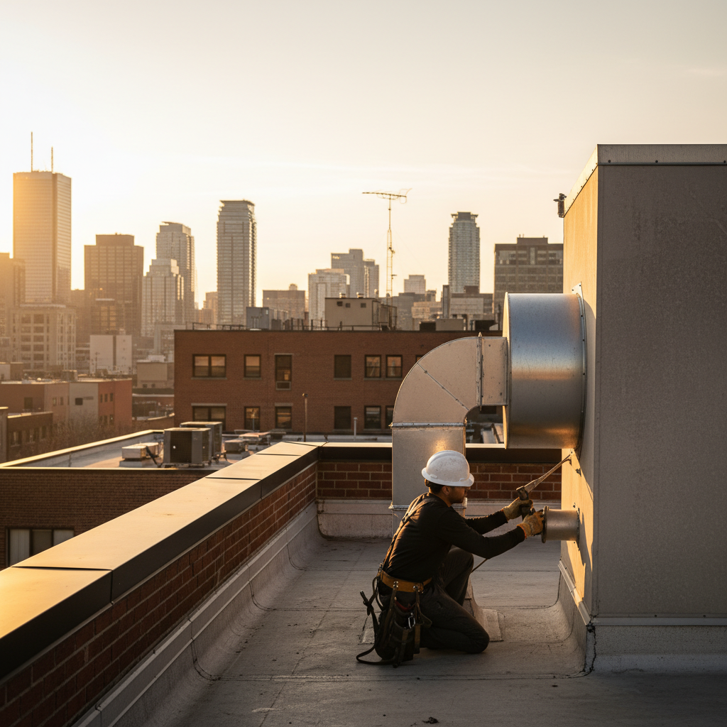 Rooftop exhaust fan and ductwork after professional hood, duct, and commercial kitchen exhaust filter replacement service in Ontario