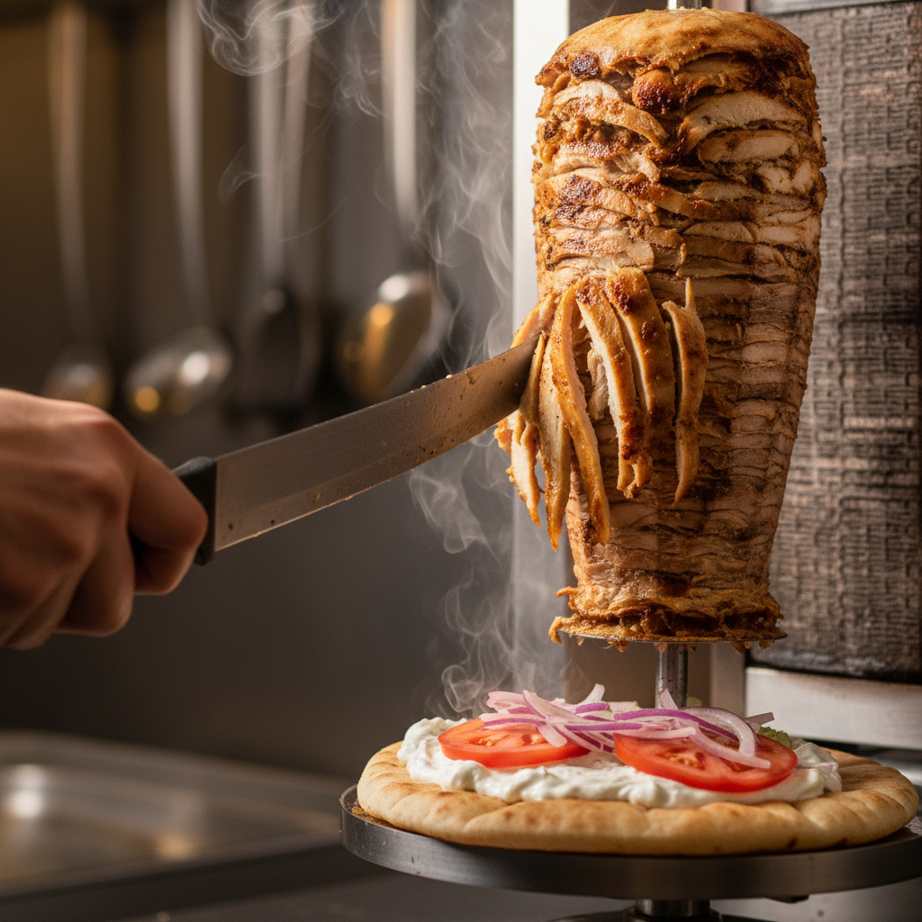 Close-up of juicy, marinated chicken sliced from a vertical rotisserie for a chicken gyro wrap with tzatziki in Toronto