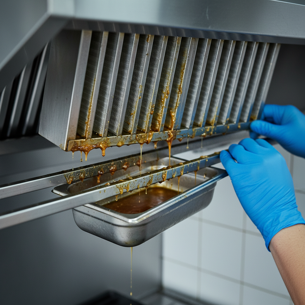 Close-up of a technician removing a greasy stainless-steel baffle filter for replacement in an Ontario commercial kitchen