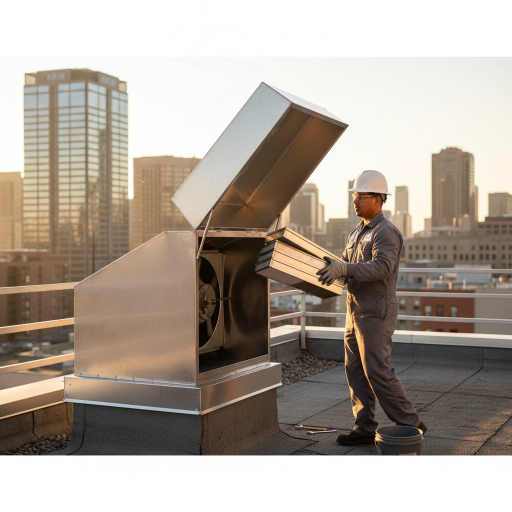 Rooftop exhaust maintenance in Ontario with technician staging clean stainless filters near an open exhaust fan housing