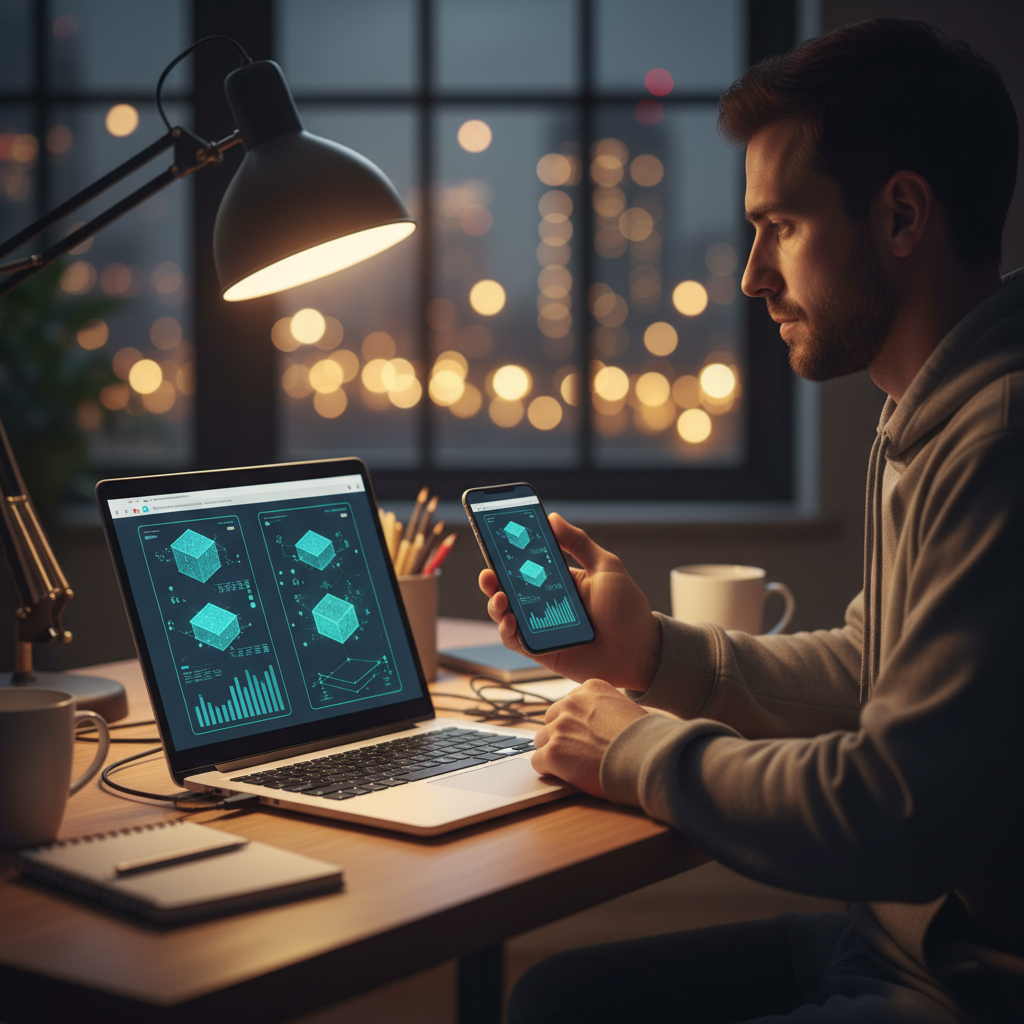 Developer testing a responsive custom web application across devices in a modern workspace