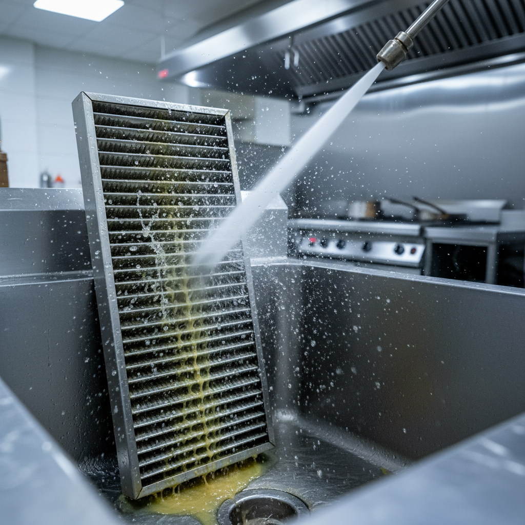 Close-up pressure washing a stainless baffle filter to improve commercial kitchen ventilation airflow and air quality
