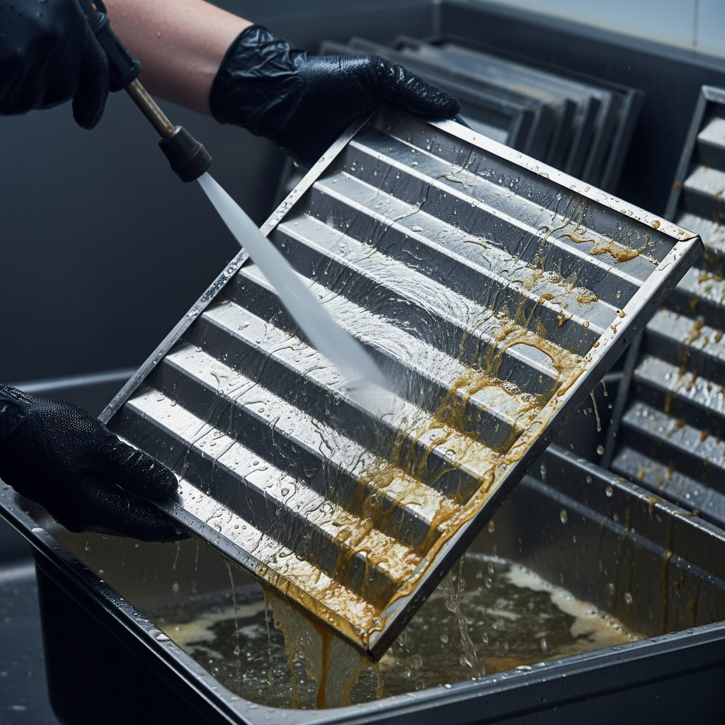 Close-up pressure washing of stainless steel baffle filters removing grease for kitchen air quality improvement