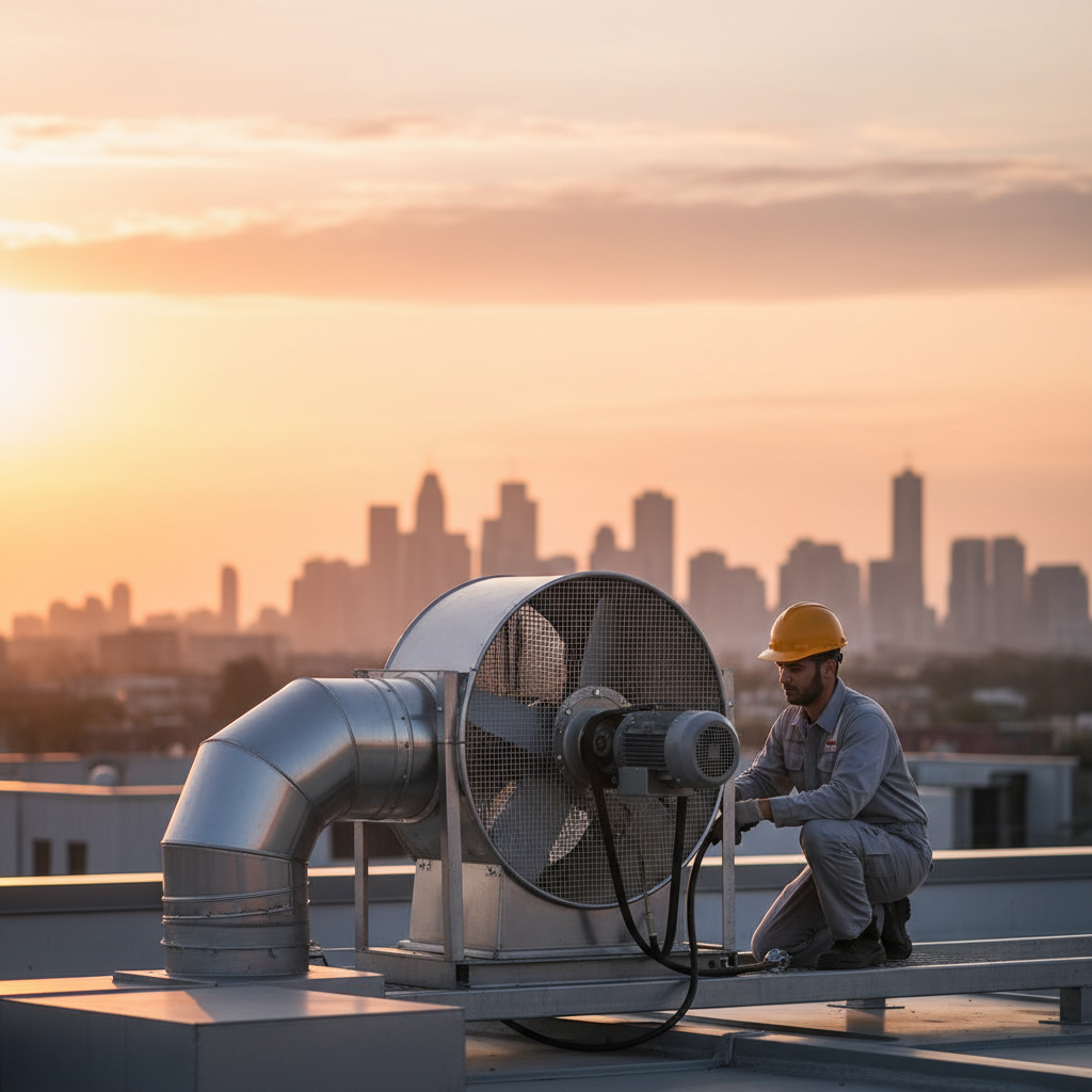 Rooftop commercial kitchen exhaust fan inspection at sunrise in Ontario with technician checking fan belts